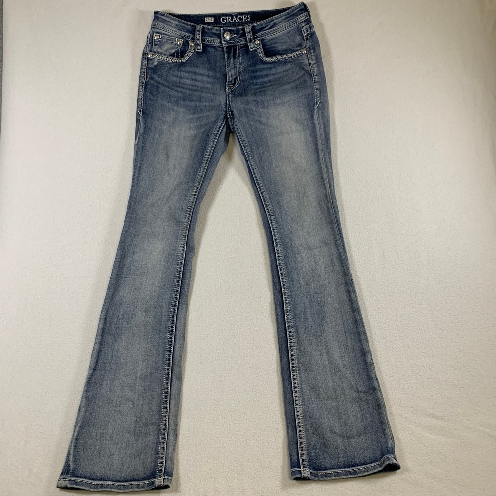 Grace in LA Women's Phoenix Embellished Embroidered Bootcut Jeans Blue Size 26